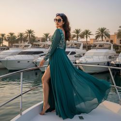 Jane, an enchanting 29-year-old Indian woman embodying the essence of a Mediterranean muse, stands elegantly at Al Hamra Marina. She wears a flowing, floor-length chiffon gown in a rich aqua hue that mirrors the deep blue waters. The gown's high-slit design reveals her sculpted leg, while delicate hand-embroidered details glimmer softly in the warm golden hour light. With sun-kissed skin and tousled waves framing her face, oversized sunglasses perched atop her head, she radiates effortless chic. Poised with one arm resting gracefully on the yacht's railing, she gazes back over her shoulder, conveying adventure and allure, surrounded by elegantly moored yachts and swaying palm trees. This scene captures a luxurious moment of serenity and sophistication, evoking wanderlust and high fashion inspired by the coastal retreat.