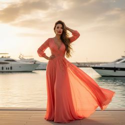 Sarah, a captivating Latin female figure aged 33, embodies luxury and sophistication at Al Hamra Marina. She stands poised against azure waters and striking yachts, wearing a flowing silk chiffon gown in a commanding coral hue, intricately draped with delicate hand-stitched embroidery glistening in the sunlight. Her long, sun-kissed waves cascade down her back, complemented by soft, bronzed makeup and a bold ruby lip. With one hand on her hip and the other brushing through her hair, she exudes confidence in soft golden hour lighting that creates a dreamy haze. The setting invites the viewer to traverse her radiant figure to the opulent surroundings, evoking elevated tranquility and luxurious escapism, blending elegance with nature's beauty. The composition adheres to the principles of the golden ratio, capturing a quintessential summer day on the water.