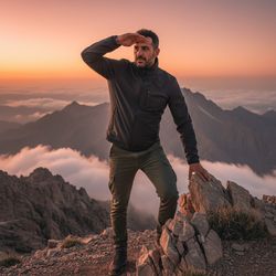David, a 34-year-old Middle Eastern male adventurer atop Jebel Jais, the UAE's tallest peak, embodies the rugged spirit of exploration. Dressed in a tailored windbreaker jacket in deep charcoal and streamlined cargo pants, he stands confidently against a breathtaking backdrop of jagged mountains and rolling clouds. The scene is bathed in golden hues of sunset, casting dramatic shadows on his chiseled features. One hand grips a rock for balance while the other shields his eyes from the bright sunlight, exuding fearless determination. The lighting captures the intricate textures of his attire with a shallow depth of field that isolates him against the ethereal landscape, illustrating the thrill of adventure and the beauty of nature.