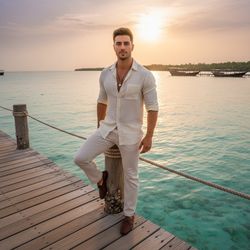 David, a 22-year-old male exuding youthful charisma, is elegantly posed on the wooden dock of Suwaidi Pearl Farm against the shimmering turquoise waters of the Arabian Gulf. He's wearing a tailored, cream-colored linen shirt with rolled-up sleeves, revealing sun-kissed skin. His confident stance, with one foot resting against a weathered post, conveys ease amidst the soft, golden hour sunlight that bathes the scene in a warm glow. A pearl pendant around his neck subtly reflects the locale's heritage. The dreamy ambiance captures the beauty of pearl diving and nature's treasures, evoking adventure and tranquility.