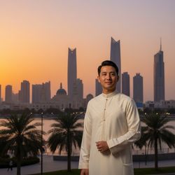 James, a 29-year-old Asian man, stands against the vibrant, golden-hued skyline of Sharjah at dusk. He wears a tailored, cream-colored kandura, subtly embroidered with traditional motifs, reflecting the blend of modern and traditional Emirati style. The warm sunset light accentuates his features, while the city's architecture provides a dynamic backdrop.  The image evokes a sense of pride, belonging, and the evolving cultural landscape of the UAE.