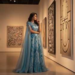 Emily, a 26-year-old Arab woman, poised elegantly in the modernist interior of the Sharjah Art Museum. She wears a stunning floor-length gown made of shimmering mirage-blue chiffon, richly adorned with hand-embroidered motifs inspired by local architecture, embodying a blend of tradition and contemporary art. Her structured asymmetrical cape dramatically frames her silhouette, enhancing her ethereal presence. Emily's hair cascades in soft waves, and she poses thoughtfully with one hand raised to her chin, enveloped in warm lighting that highlights her attire's textures. The backdrop features striking contemporary artwork, creating a cultural dialogue, with her positioned off-center to evoke a sense of movement and engagement in this captivating composition. The scene beautifully conveys a connection to cultural richness and introspective artistry, evoking both beauty and a visionary spirit.  The trigger word is included for the Lora style.