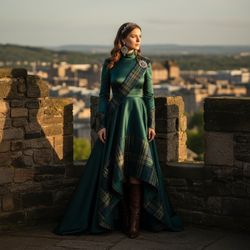Sarah, a striking female figure aged 32, embodies the spirit of a modern-day Scottish queen at the majestic Edinburgh Castle. She wears a floor-length gown of deep emerald silk with intricate tartan accents, featuring a high neckline and asymmetrical hem that flows gracefully. Her soft waves frame her face, enhanced by a delicate silver circlet and Celtic statement earrings. The warm glow of golden hour light captures her regal yet approachable pose as she stands on the castle's ramparts, gazing towards the horizon. This scene conveys the depth of heritage and timeless beauty, perfect for a prestigious fashion publication.