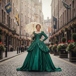 Olivia, a 32-year-old Caucasian female embodying regal poise and modern sophistication, stands along Edinburgh's Royal Mile. She wears a luxurious emerald green silk gown with an elaborate corseted bodice and cascading hand-pleated skirts. Delicate brocade detailing catches the soft Scottish sunlight. Olivia holds a vintage lace parasol, showcasing her graceful posture, with one hand at her waist. The cobblestoned street is framed by towering ancient buildings and adorned with fluttering banners and blooming flowers. The natural, diffused light adds an ethereal quality, enhancing her captivating presence against the backdrop of historical richness. This fashion shoot encapsulates a dreamlike narrative of heritage and majesty, inviting viewers into a world where past and present coexist.