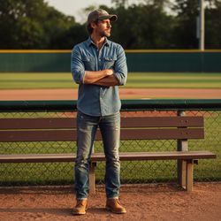 James, a striking 33-year-old Middle Eastern male figure, embodies the rugged charm of Americana on a sun-soaked baseball field. He stands tall in a vintage-inspired chambray shirt, rolled sleeves, and distressed denim jeans, complemented by weathered leather boots and a vintage baseball cap over sun-kissed hair. The scene captures the essence of a summer evening in the USA, with golden light highlighting his attire, a classic wooden bench, and a soft-focus baseball diamond in the background. His relaxed confidence, arms crossed and contemplative expression, reflects dreams and future endeavors amidst the vibrant greens of the field. This image captures serene authenticity celebrating the American spirit with a modern twist, perfect for a high-end fashion magazine.