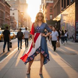 Jane, a 29-year-old white woman embodying American individuality, stands confidently on a vibrant New York City street. She wears a striking red, white, and blue avant-garde asymmetrical dress made from silk chiffon and denim, with intricate embroidery along the hem resembling the American flag. Her beachy waves and oversized aviators add to her spirited appearance. The golden hour lighting casts dynamic shadows, reflecting the energy of a summer evening in the city. Posing with one hand on her hip, her soft smile encapsulates modern femininity and empowerment amidst the bustling urban backdrop. This image merges high fashion with street style, perfect for a prestigious fashion publication. The trigger word is included.