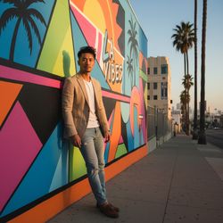 Michael, a striking 27-year-old Asian male figure, exuding effortless cool against the vibrant streets of Los Angeles. He is styled in a tailored, sun-bleached linen blazer layered over a crisp white t-shirt, paired with slightly distressed denim jeans, and polished leather loafers. Leaning casually against a retro-themed mural, the dazzling colors of LA's eclectic spirit reflect behind him. Sunlight bathes him in a warm golden hue, emphasizing his cheekbones and creating soft shadows that enhance his tousled hair and stubble. The architectural lines of nearby palm trees frame him beautifully. This composition showcases the laid-back sophistication of a modern-day Gatsby navigating the urban paradise of Los Angeles, encapsulating the allure of Southern California’s vibrant culture.  The overall mood invites viewers to revel in a blend of ambition and relaxation.