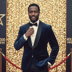 James, a dapper black male figure aged 32, styled as a modern Hollywood icon reminiscent of classic film stars, wearing a tailored midnight blue velvet tuxedo with sleek satin lapels. He poses against a backdrop of shimmering golden lights at a glamorous Hollywood premiere, with hints of a red carpet framing the edges. His hair is slicked back, highlighting chiseled cheekbones and a strong jawline, complemented by a hint of stubble. The lighting creates a soft halo effect, emphasizing his confident posture as he casually tucks one hand in his pocket while adjusting his black bow tie, exuding effortless charm and magnetism. This image captures the allure of stardom and nostalgia for the golden age of cinema with a contemporary twist.