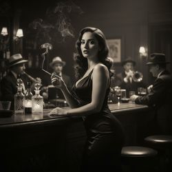 Sarah, a captivating 25-year-old Middle Eastern woman, embodies classic Hollywood glamour styled as a modern-day film noir starlet. She's draped in a form-fitting black silk gown in a dimly lit, vintage-inspired Los Angeles speakeasy, her silhouette veiled in shadows. With soft, vintage waves framing her face, she exudes elegance and confidence, leaning against an ornate bar. Rembrandt lighting highlights her features, enhancing the air of mystery and timeless sophistication, capturing the essence of old Hollywood.