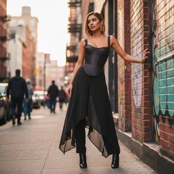 Emily, a striking 22-year-old Arab woman, embodies the vibrant spirit of New York City as she roams the bustling streets of SoHo. Dressed in an avant-garde ensemble with a corseted mikado silk top in charcoal and asymmetric chiffon georgette trousers, she accessorizes with oversized gold hoop earrings and sleek stiletto ankle boots. Her chic bob hairstyle shines like spun gold, complemented by bold cat-eye makeup with electric blue accents. Posed casually against a graffiti-adorned brick wall during golden hour, she exudes effortless confidence, framed beautifully by the dynamic urban backdrop, capturing the essence of youthful exuberance in a photogenic moment.