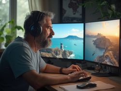 A 40-year-old white male, John, engaged in a virtual travel experience. He is seated at a modern desk, wearing a casual t-shirt and headphones, with a large screen displaying a beautiful landscape of a famous travel destination. The setting is well-lit, with plants and travel memorabilia in the background, conveying a sense of exploration and adventure, while having a contemporary and comfortable atmosphere.