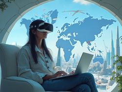 Olivia, a 25-year-old Indian female, is immersed in a Virtual Travel setting. She is wearing modern VR goggles and a stylish casual outfit, positioned in a sleek, futuristic environment that reflects the essence of virtual exploration. Animated visuals representing various global landmarks surround her, enhancing the idea of venturing into new experiences from the comfort of her space. The atmosphere is filled with excitement and curiosity.