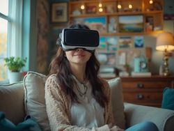 A 25-year-old Asian woman named Sarah is immersed in a Virtual Travel experience. She is wearing a sleek VR headset, seated comfortably in a modern room decorated with travel memorabilia. The background is filled with vibrant images representing various destinations, creating a sense of adventure and exploration. Her expression is one of excitement and wonder as she interacts with the virtual environment.