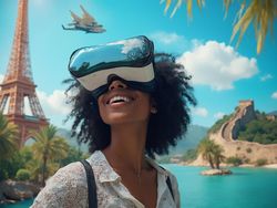 Sarah, a 35-year-old black female, immersed in a 'Virtual Travel' setting, wearing VR goggles and surrounded by a colorful, digital landscape that features iconic travel destinations such as the Eiffel Tower, the Great Wall of China, and tropical islands. Her expression reflects wonder and excitement, showcasing the enjoyment of exploring new places through virtual travel technology.