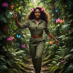 Olivia, a fiercely adventurous 28-year-old black woman, embodies the spirit of exploration amid a lush, vibrant jungle setting. She wears a fitted, olive-green utility jumpsuit crafted from breathable cotton twill, cinched at the waist with a wide leather belt. Her tousled hair flows freely, adorned with tropical flowers, and she sports minimal yet striking accessories. The image captures her mid-stride, gracefully parting the dense greenery to reveal vibrant orchids and ferns in the background, illuminated by dappled sunlight filtering through the canopy. The composition's shallow depth of field isolates her dynamic pose, emphasizing empowerment and a connection with nature, inviting viewers into a world of adventure. The overall atmosphere is one of resilience and discovery, showcasing the fierce spirit of a modern-day explorer.