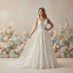 A smiling bride in a lace wedding dress stands gracefully with a flowing veil and floral accessories, surrounded by a colorful floral backdrop.