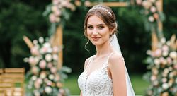 Beautiful bride in elegant dress and tiara with floral arch in background, perfect for wedding inspiration.