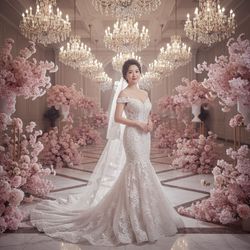 Bridal portrait in an elegant hall adorned with pink flowers and chandeliers, featuring a woman in a stunning lace wedding gown with an off-shoulder design and a flowing veil.