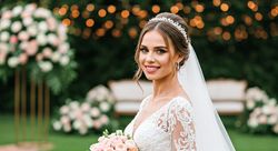 Bride in elegant wedding dress holding a bouquet of pink roses, smiling against a backdrop of floral arrangements and soft twinkling lights.