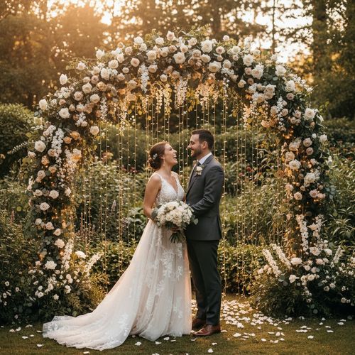 Bride and groom standing under a floral arch adorned with roses and cascading lights, surrounded by lush greenery at sunset, evoking a romantic wedding moment.