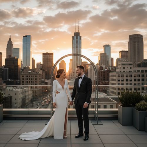 Bride and groom smiling and holding hands on a rooftop during sunset, with a city skyline in the background featuring tall buildings and a cloudy sky.