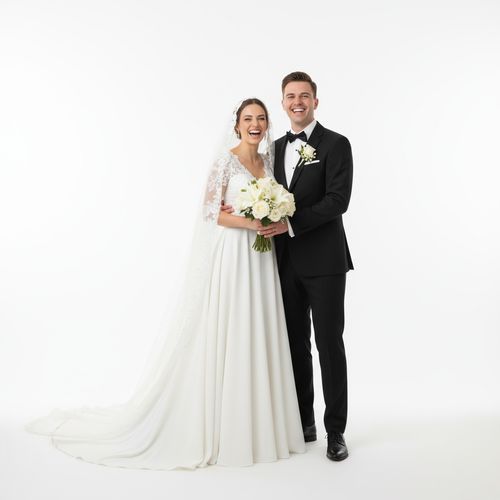 Happy bride and groom in formal wedding attire, smiling and holding a bouquet of white flowers, on a neutral background.