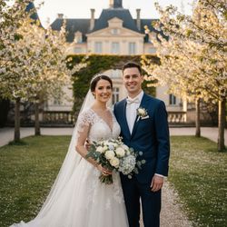 A joyful bride and groom pose together in a beautiful garden setting, surrounded by blooming trees and a historic mansion in the background, capturing a moment of love on their wedding day.