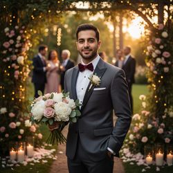 A striking male figure, James, aged 25, embodying the elegance of a modern groom in a stylish wedding setting. He is dressed in a tailored charcoal grey tuxedo, accentuated with a satin shawl collar and a crisp white shirt, complemented by a fleeting touch of a deep burgundy bow tie. The setting features a lush outdoor garden adorned with twinkling fairy lights, floral arrangements of white peonies and soft blush roses, creating an ethereal ambiance. James stands confidently at the forefront, his posture relaxed yet assured, with one hand in his pocket and the other casually holding a bouquet. His middle eastern heritage is beautifully highlighted through his features, exuding charisma and charm. The soft, golden hour sunlight bathes the scene, enhancing the emotional warmth of this special occasion, evoking a sense of love and celebration.