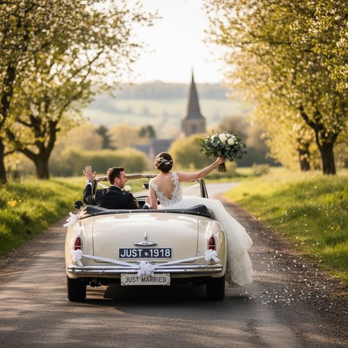 A newlywed couple joyfully rides in a vintage convertible car down a scenic country road, with the bride holding a bouquet and waving while the groom drives, surrounded by lush greenery and a church in the background.