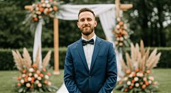 Smiling groom in a blue suit and bow tie, standing in front of a beautifully decorated wedding arch with floral arrangements.