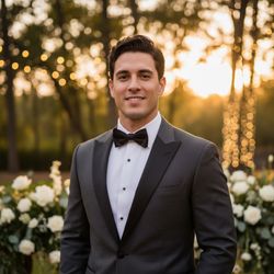 A striking portrait of a 25-year-old Latin male, Michael, exuding charm and charisma at a wedding setting. He is dressed in a tailored charcoal gray tuxedo with a satin peak lapel, perfectly fitted to accentuate his athletic physique. A crisp white shirt complements his look, and a black bow tie adds a classic touch. His hair is neatly styled, and he flashes a disarming smile, showcasing warmth and confidence. The backdrop features an elegant outdoor wedding venue, adorned with soft fairy lights and lush floral arrangements, enhancing the romantic atmosphere. The soft golden hour sunlight bathes the scene, creating a dreamy, ethereal quality in the photograph.