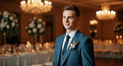 Young man in a tailored suit with a floral boutonniere, standing confidently in an elegantly decorated venue with chandeliers and floral arrangements.